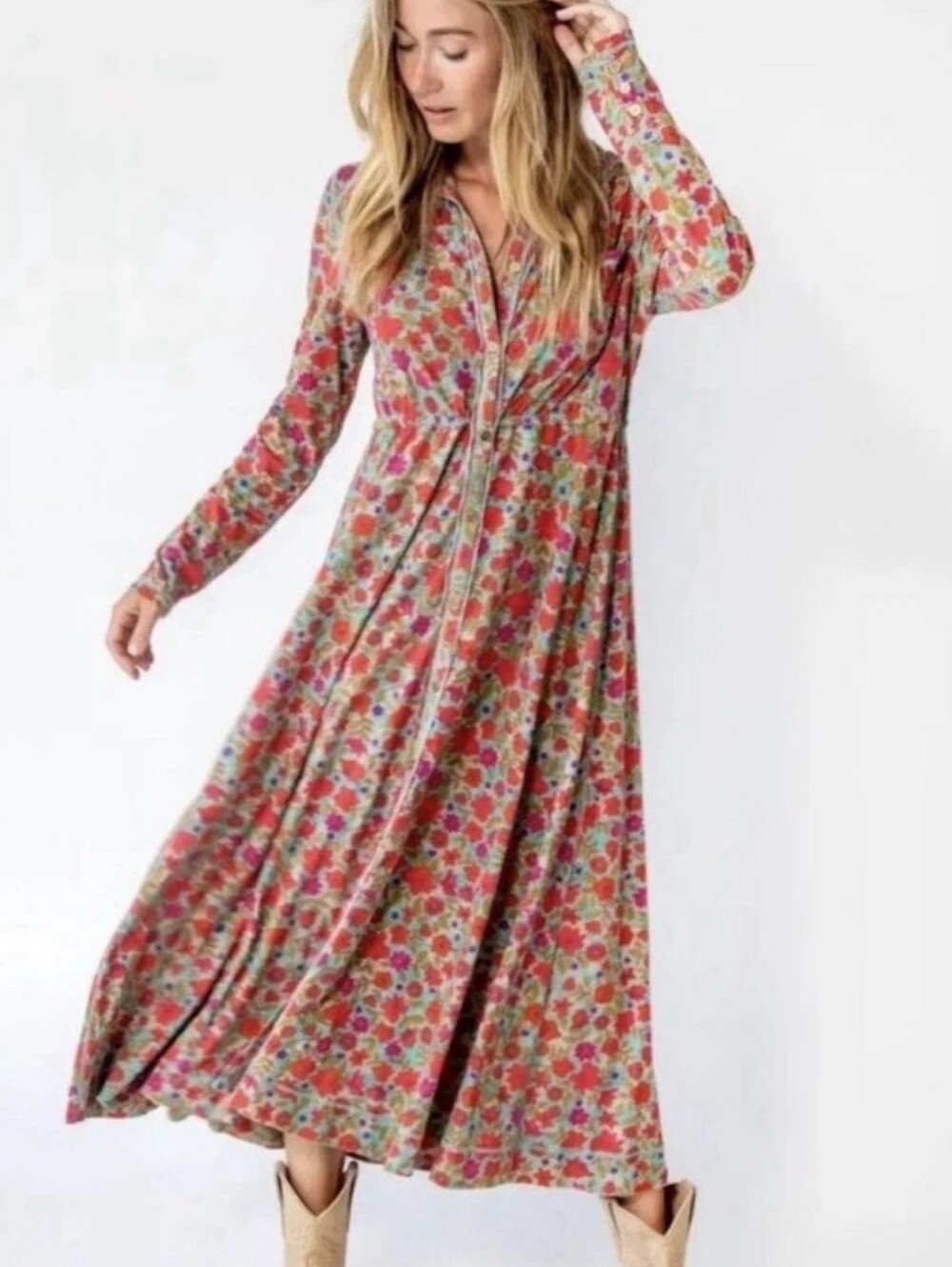 NATURAL LIFE Floral Button-Front Maxi Dress In Teal, Pink and Orange Size XL